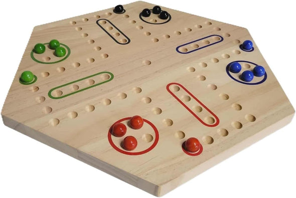 wooden marble game board showing colorful painted player paths and holes
