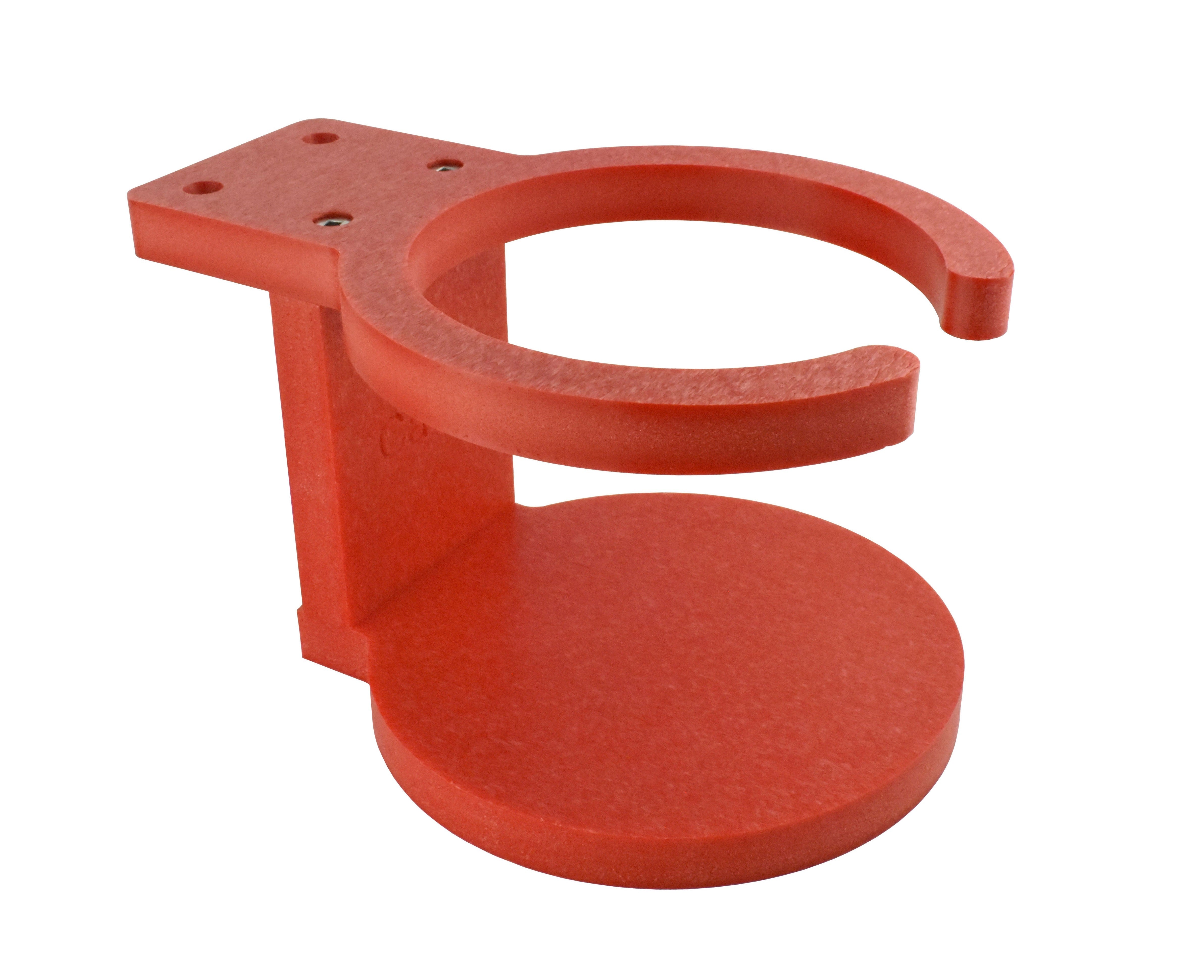 Red poly cup holder for Adirondack chair, heavy-duty outdoor drink holder – front angle view