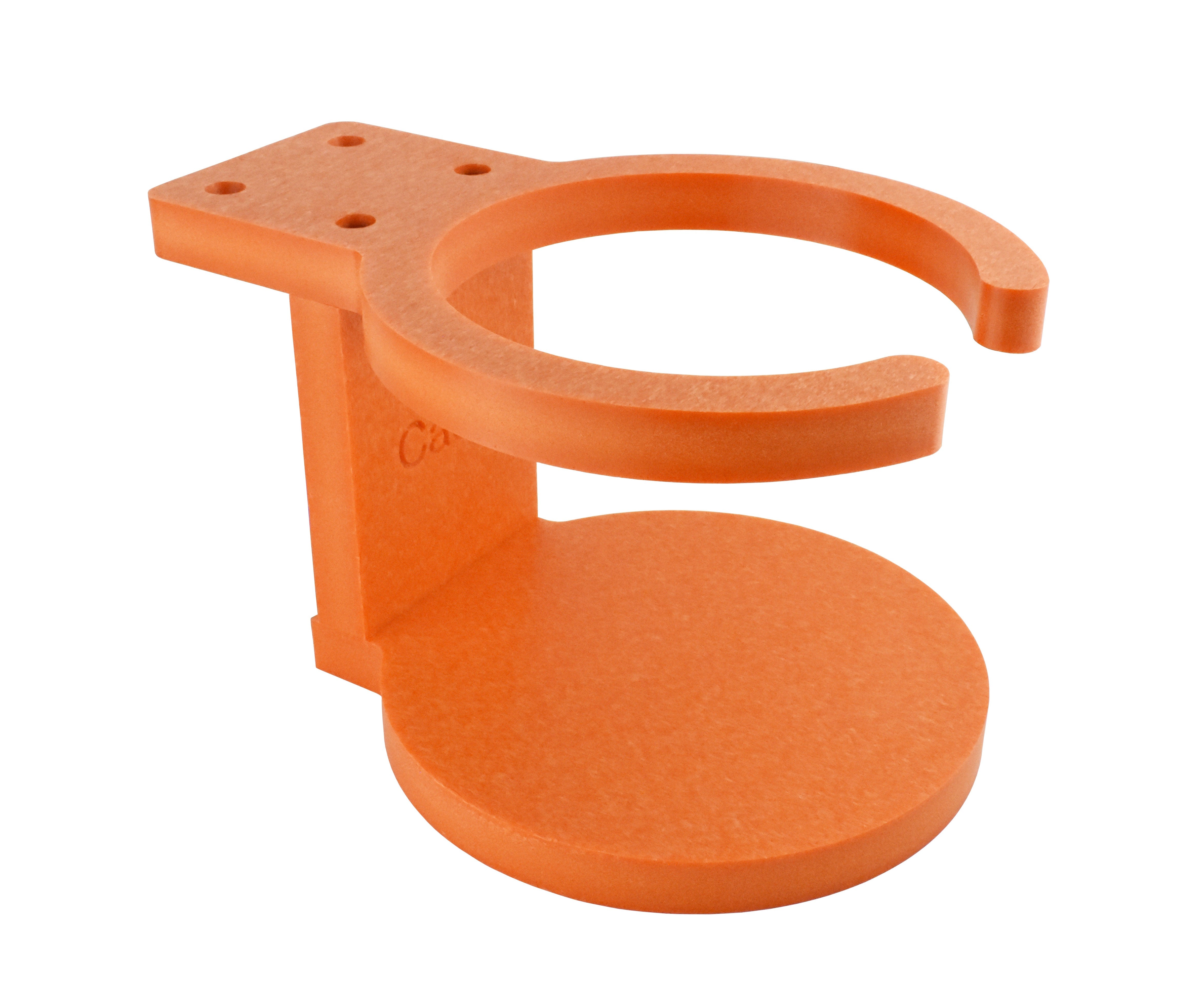 Orange poly cup holder for Adirondack chair, heavy-duty outdoor drink holder – front angle view