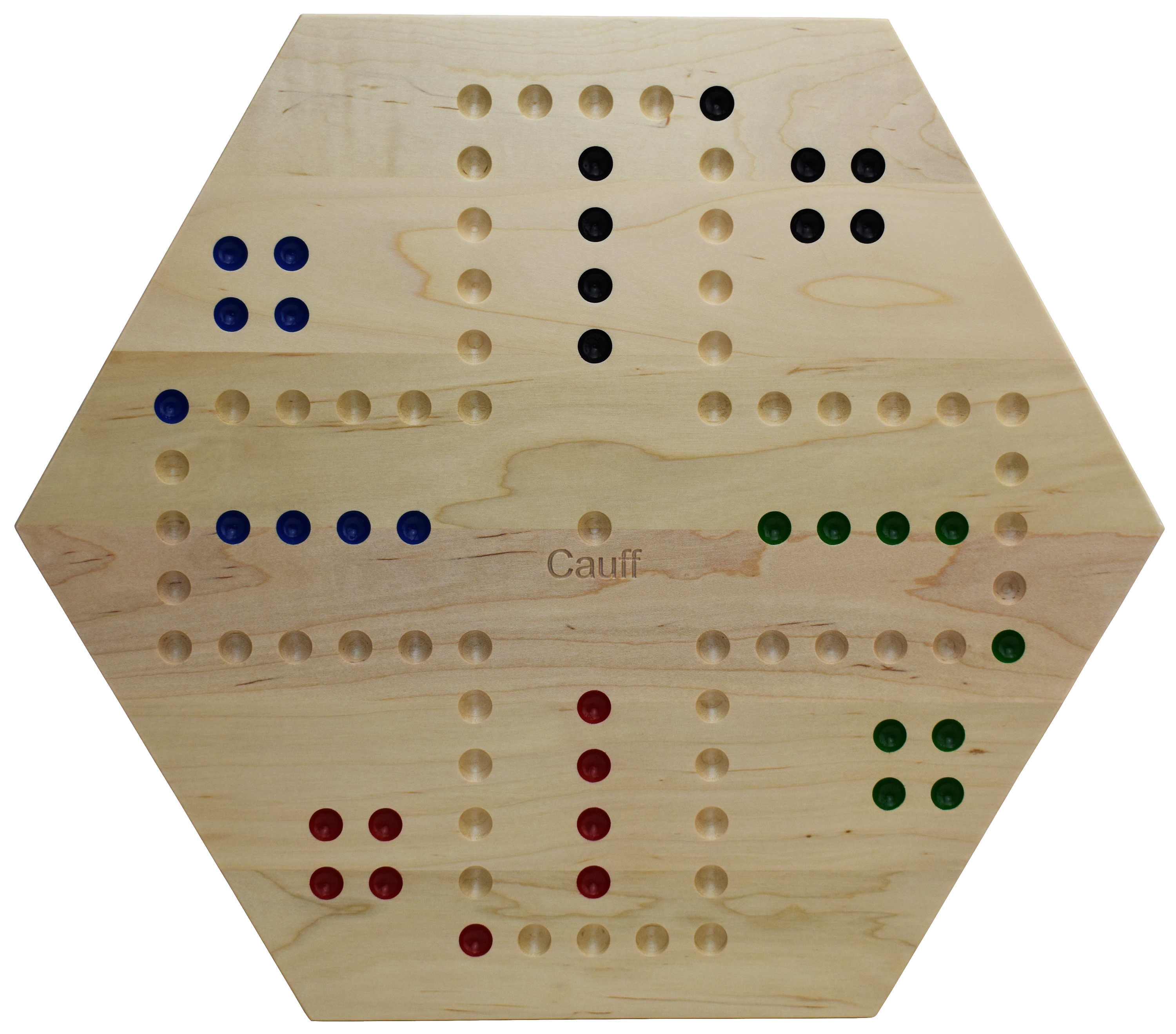 Close-up of game board holes and marbles on solid maple board