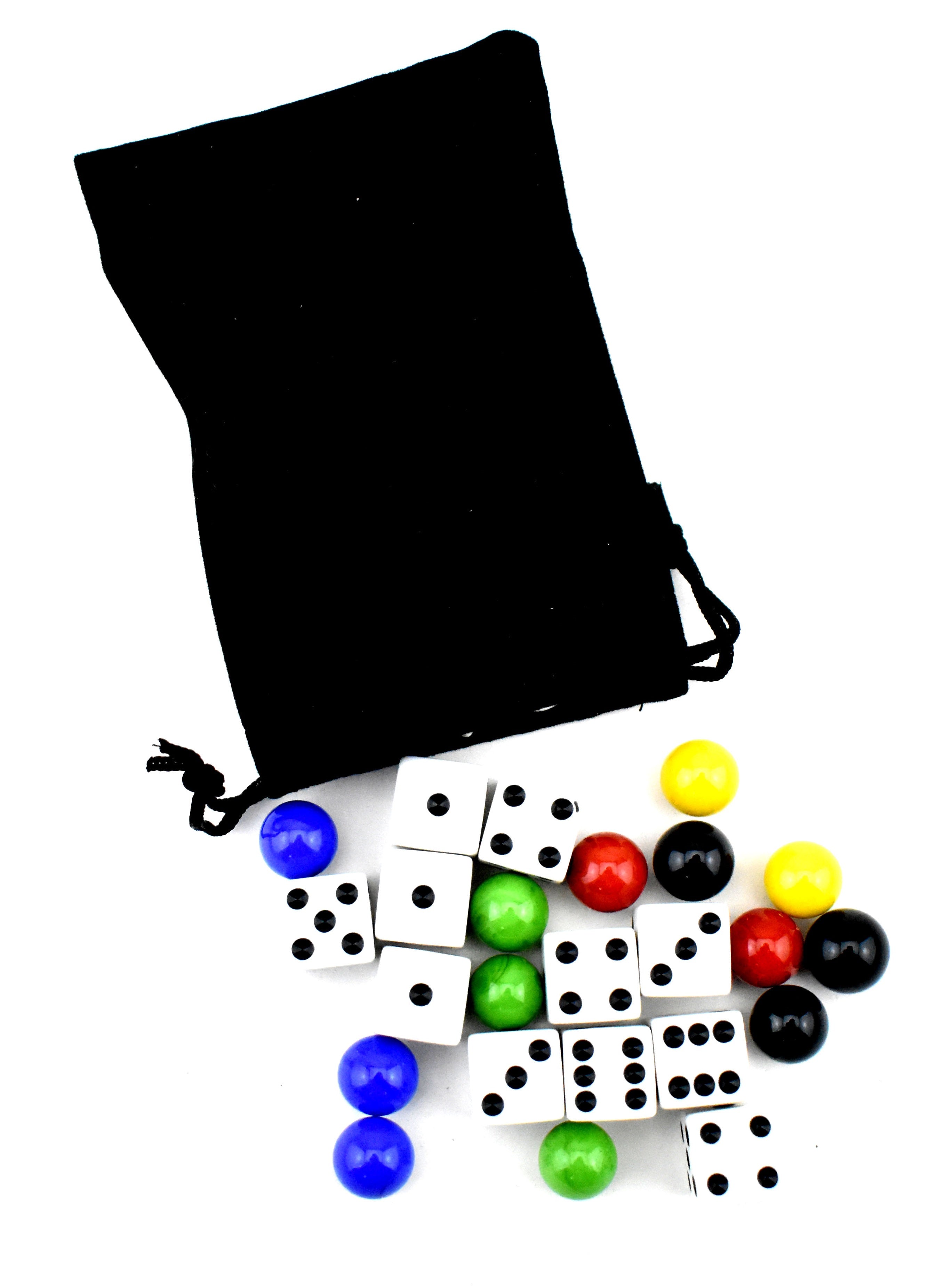 Close-up of standard marbles and dice replacement pack for wooden marble board games