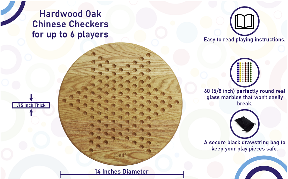 Top view of solid oak Chinese Checkers game board (14 inch)