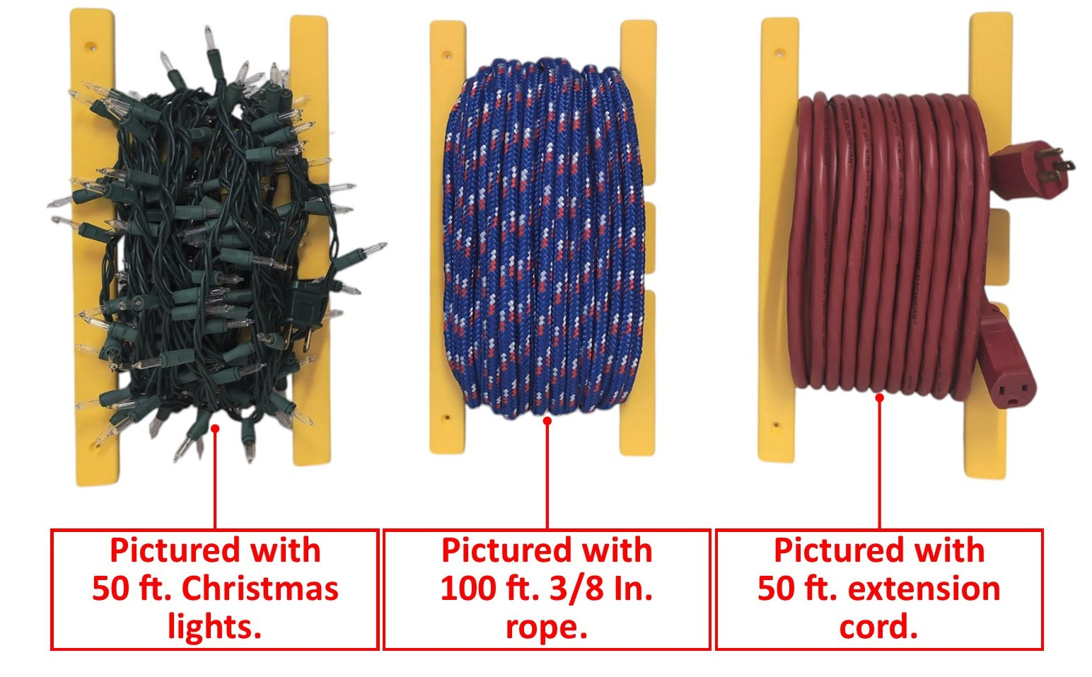 Yellow HDPE extension cord reel holder for 100 ft cords by Cauff