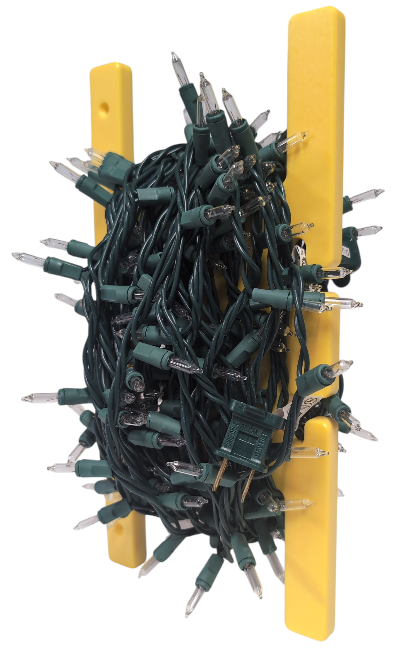 Yellow HDPE extension cord reel with Christmas lights stored by Cauff