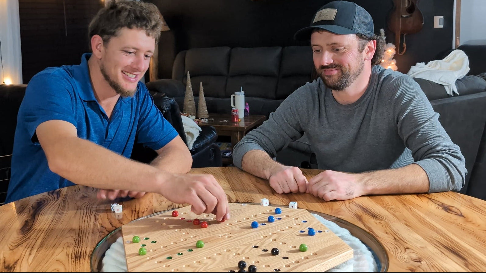 Solid oak marble game board set up for family game night – Cauff