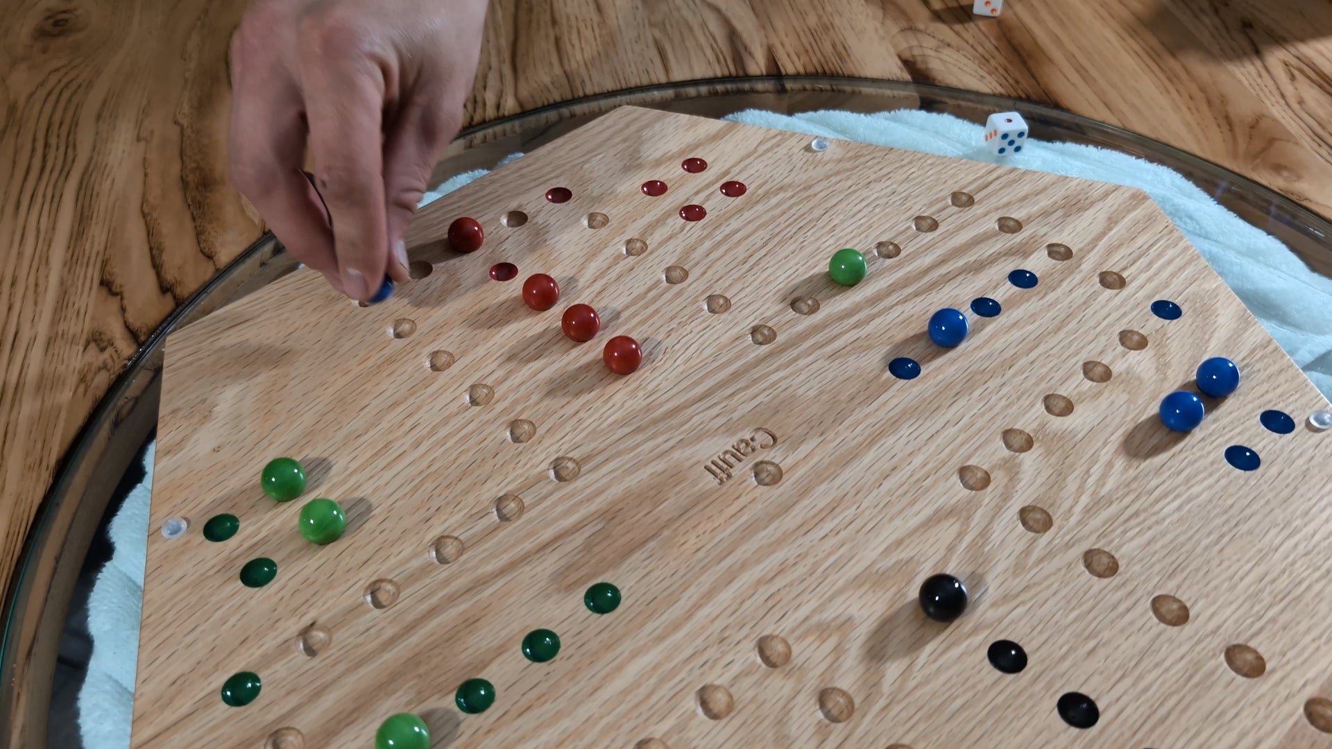 Cauff signature solid oak marble board game with marbles and velvet bag