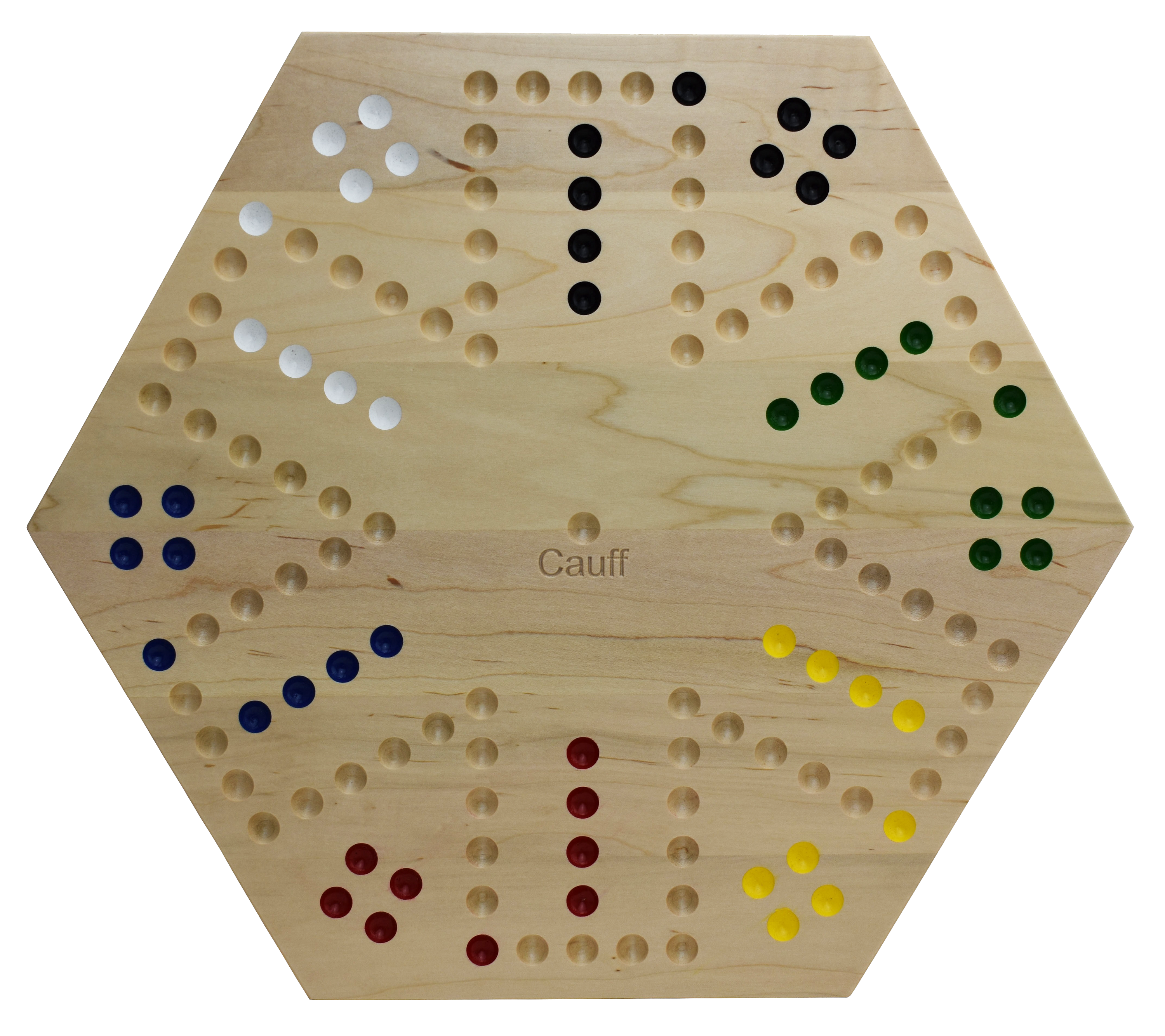 Top view of Cauff maple marble board game with playing pieces